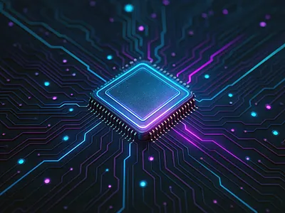 Glowing blue and pink computer chip on a dark circuit board computational