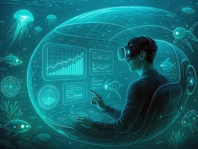 Futuristic underwater research dome with person and marine life undersea