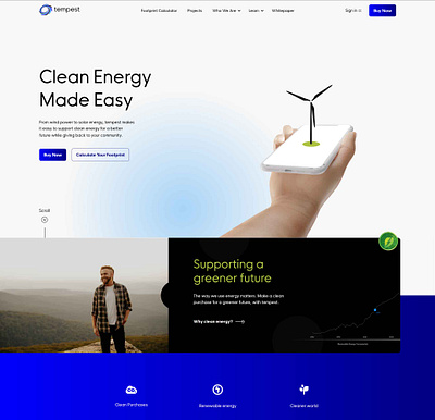 Clean energy startup website blue clean energy crypto gradient green green energy startup web design webflow development website design windmill