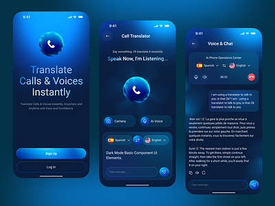 AI Phone Call & Voice Translator – Mobile App ai chat ai mobile app ai voice app app design call translator futuristic language app mobile mobile app translate translator ui voice translator