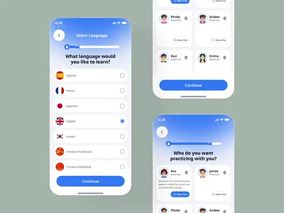 Language Selection & Select Chat Screen - Learning App ai app app educational elearning filter language app ui learning platform minimal mobile design mobile ui select country select language study app translator ui uiux ux