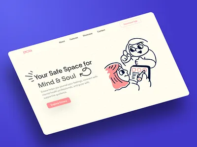 Emora – Mental Health App Branding & Hero Section branding design doctor health hero hero section illustration landing page mental mental health pink safe space ui ux web