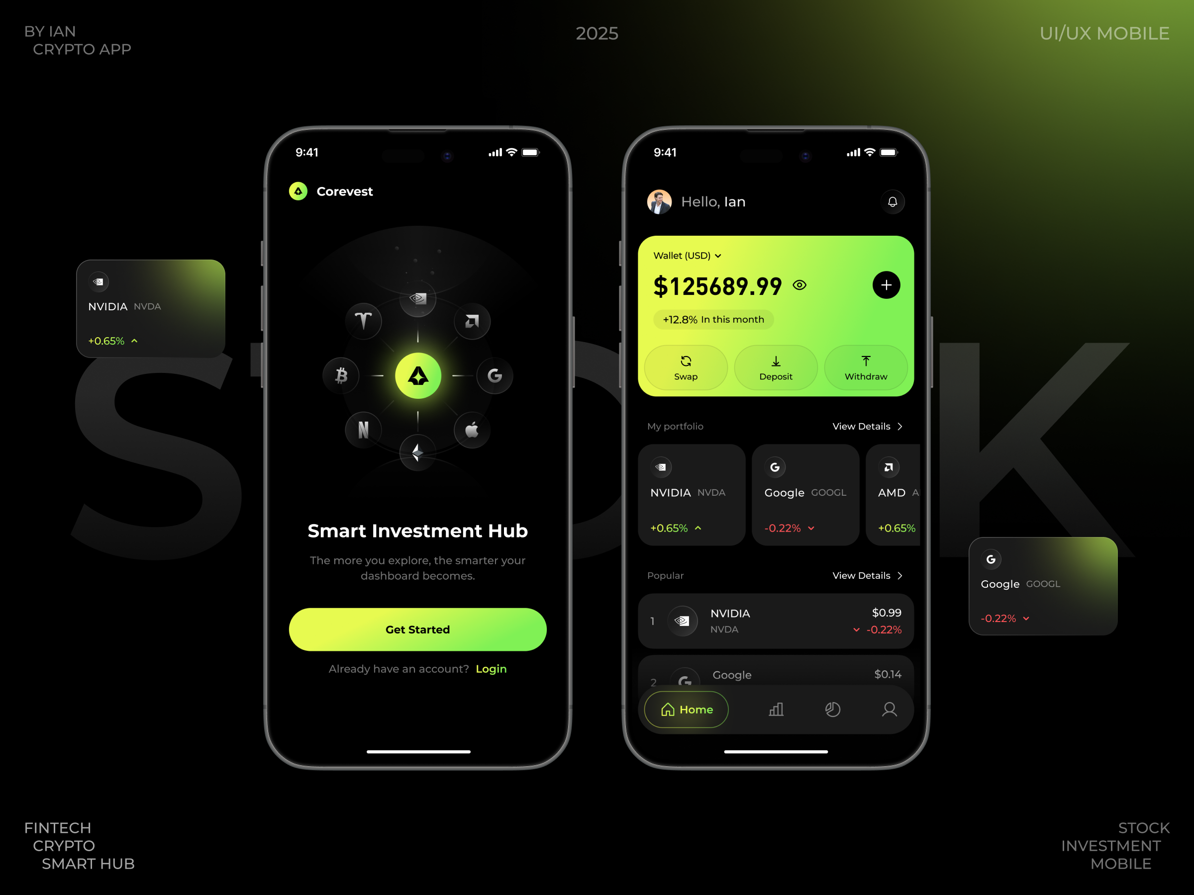 Stock Investment App app blockchain crypto dark design finance mobile smart investment stock ui wallet web3