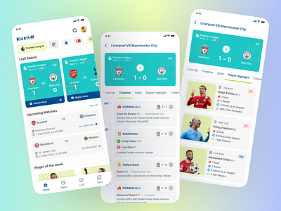 Kickoff - Football App app app screen design branding clean design football game live football match minimalism mobile premier league product design scoreboard sport ui uidesign uiux web design