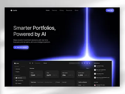 Luma - dark ai portfolio management landing page with light beam ai portfolio management clean clean landing page dark purple landing page glow efftects landing page light beam figma light beam landing page modern landing page saas dark landing page uiux web design