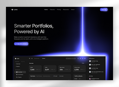 Luma - dark ai portfolio management landing page with light beam ai portfolio management clean clean landing page dark purple landing page glow efftects landing page light beam figma light beam landing page modern landing page saas dark landing page uiux web design