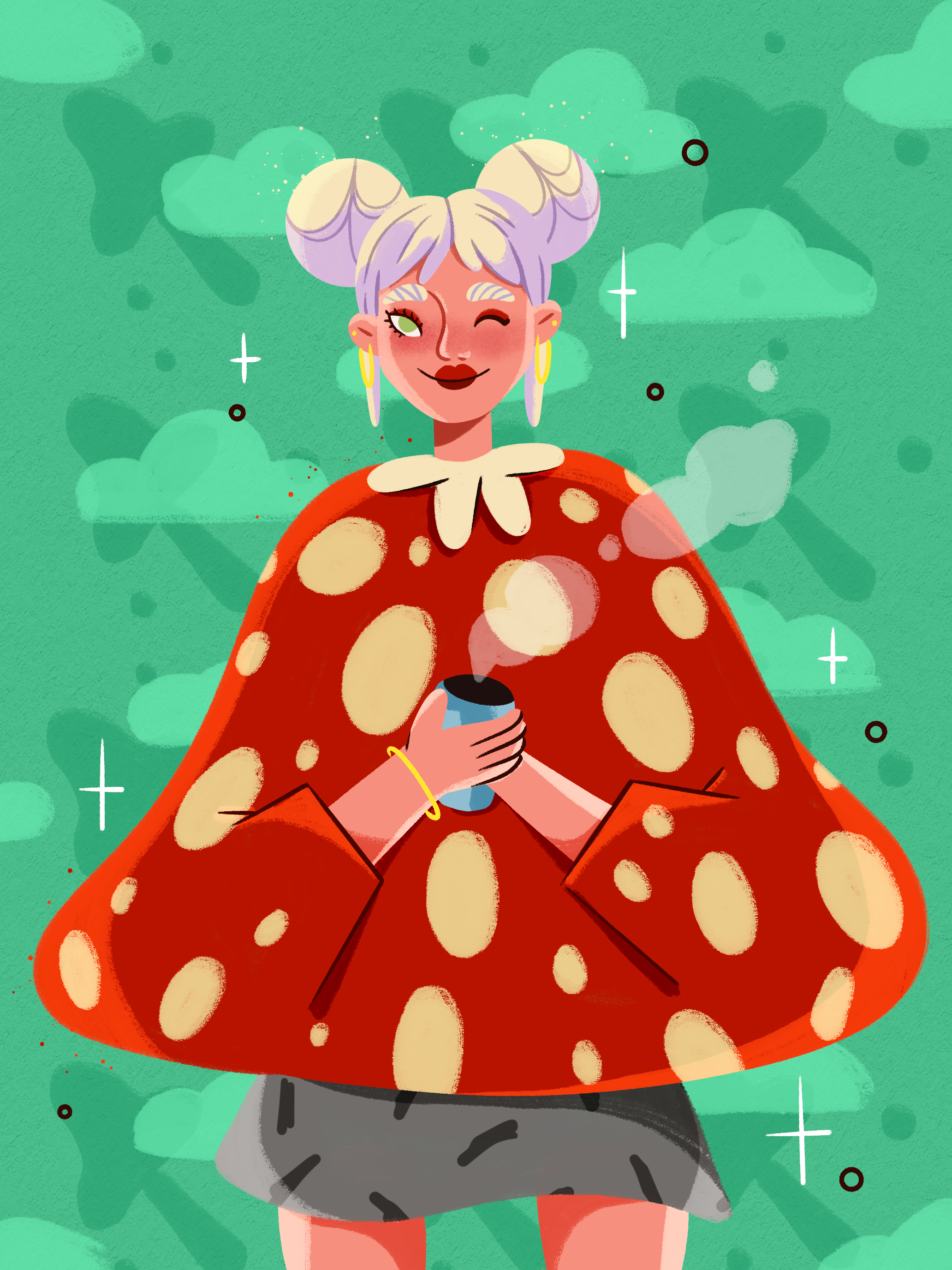 Mushroom vibe/Editorial illustration 2d 2d art 2d illustration blonde character design commercial design editorial editorial illustration fall art fall illustration green hand drawn illustration illustration mushroom illustration procreate