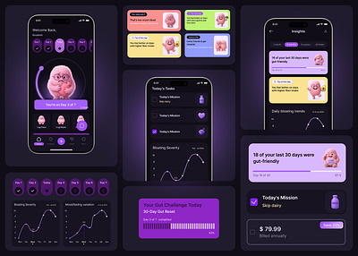 Gut Health & Bloating Tracker App | UI/UX | Healthcare android app bloating tracker clean daily challenges dark mode ui degistive health graphic design gut health habit building health insights healthcare tech ios app mobile app mobile design mood tracking ui ux ux case study wellness app wellness tech