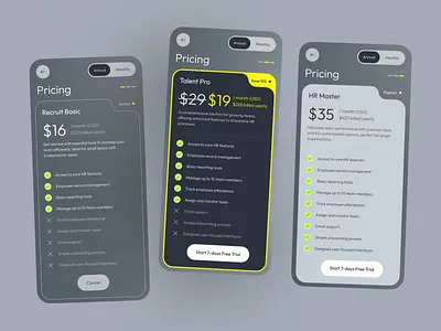Subscription Plans for HR App android app design hr app hr platform hr software ios mobile app mobile design mobile ui modern app onboarding ui procing page product design saas design saas platform subscription plan ui ux