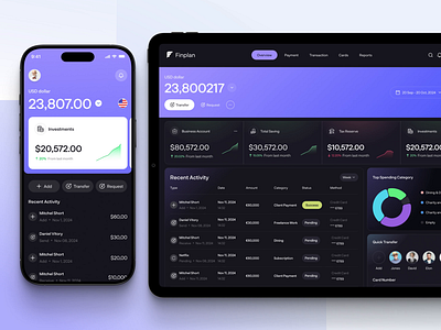 Fintech Dashboard Design – Responsive Mobile & Tablet finance app design branding dark mode ui date range picker donut chart ui export reports finance kpi cards fintech dashboard gradient header mobile banking ui money transfer app multi currency wallet payments platform ui product design quick transfer module responsive fintech ui sparklines tablet dashboard ui transaction table ui ui design