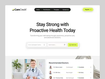 V2 Concept | CareCredit - Doctor Finder & Healthcare Platform UI doctor directory doctor finder health consultant health website healthcare ui hospital ui medical platform modern healthcare search doctor ui ux ux web design website design website header wellness design