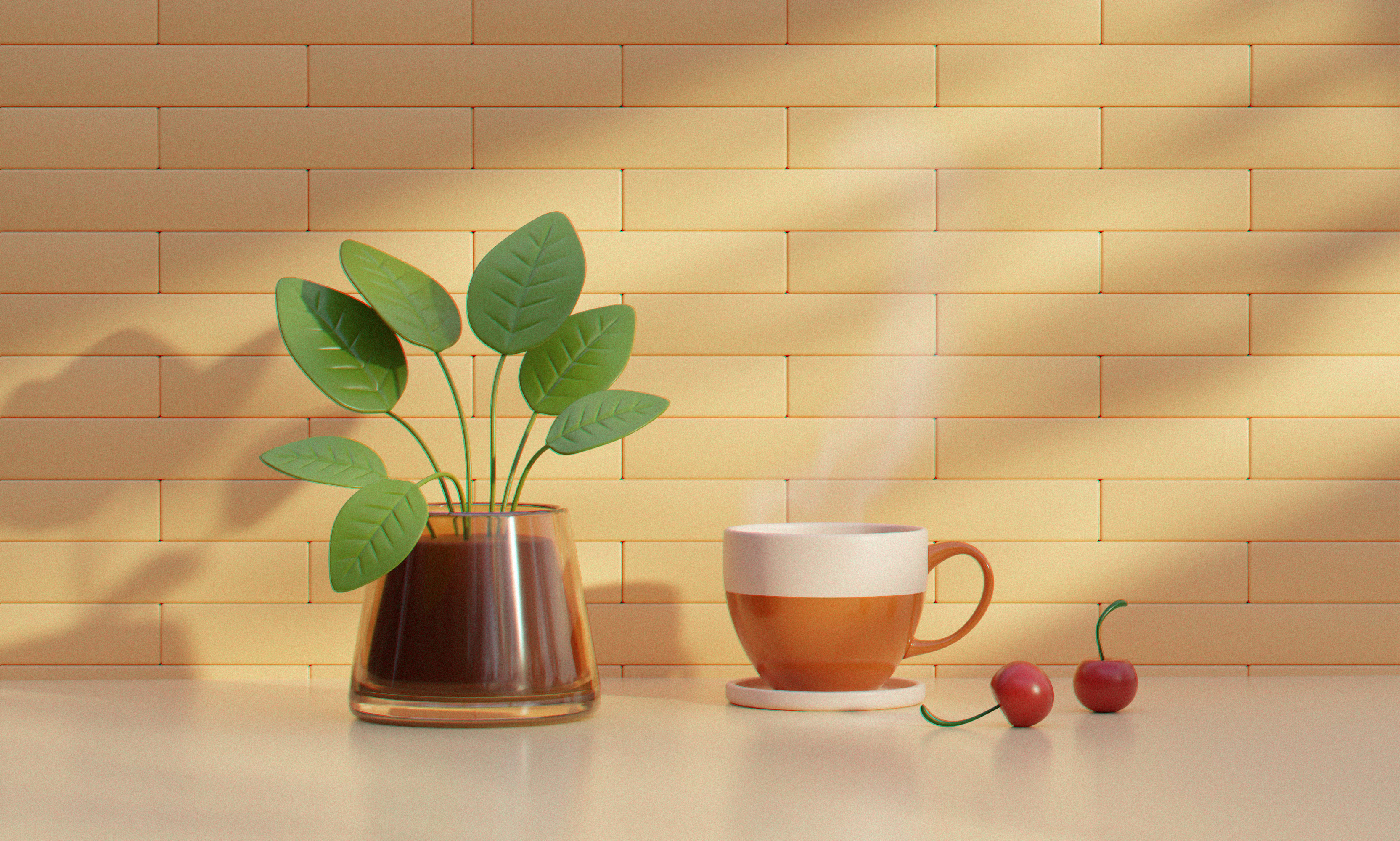 3D Illustration with Cinematic Light - Cozy Kitchen Scene 3d 3d illustration 3d lightning 3d scene atmospheric blender cherry cinematic light cozy cup illustration kitchen plant semi realism steam still life stylized illustration volumetric light