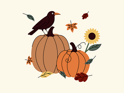 🎃 Pumpkin Season 2d autumn autumn illustration bird craw cute fall fall leaves flat illustration leaves pumpkin sunflower