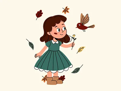 🌻 Fall Florals 2d autumn autumn illustration bird character design cute girl fall fall illustration flat illustration flower happy kid kid little girl