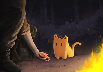 Camping in the middle of the forest with adventurers artwork bookart cartoon cat concept art cute digital art illustration