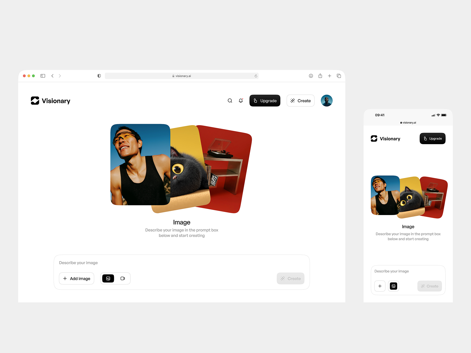 .Visionary Web ai platform application design clean design creative tool design image generation inspiration interface interface design mobile ui modern ui product design responsive design ui user interface ux video generation web design
