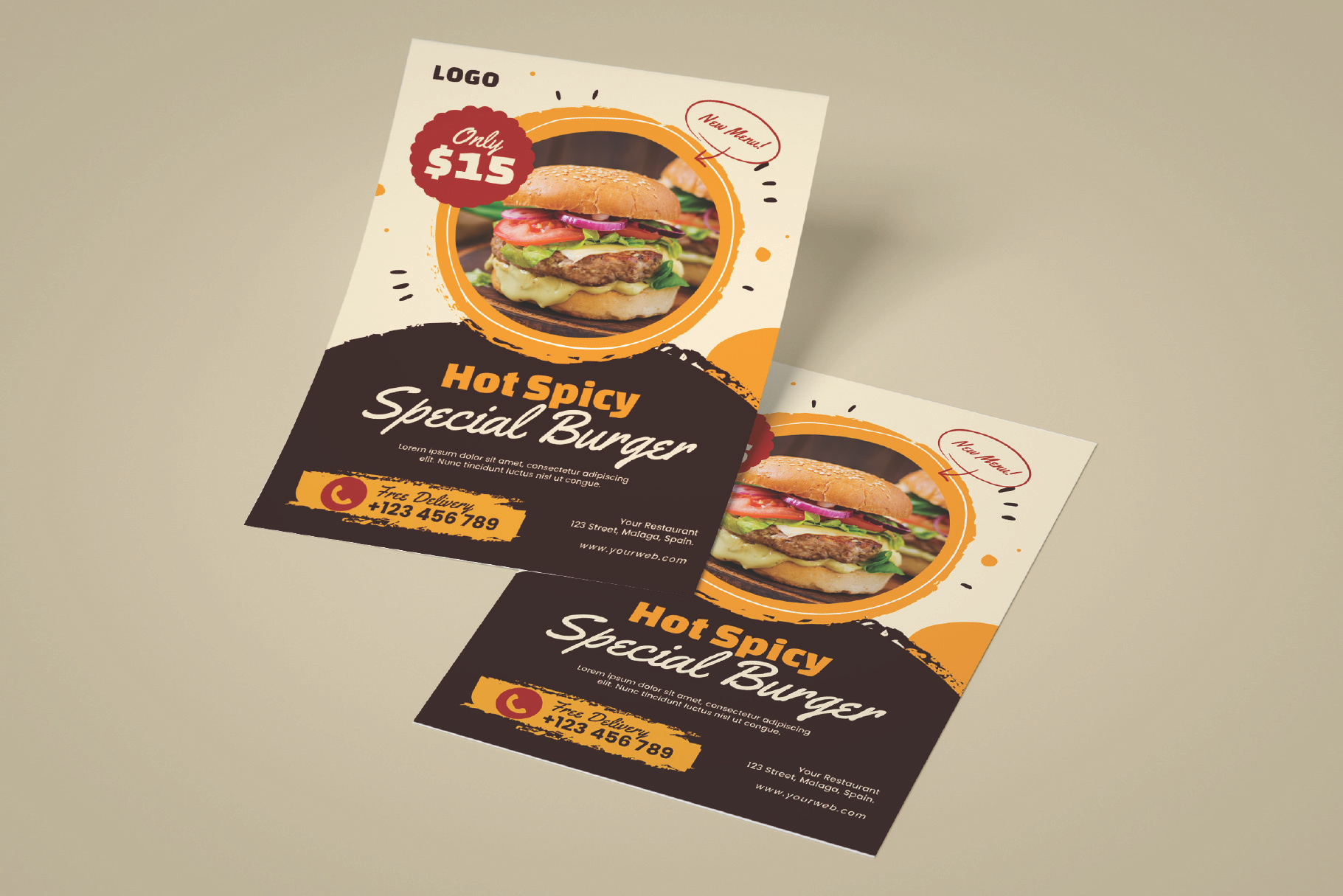 Hot spicy tasty burger flyer design burger burger flyer cheeseburger cooking fast food fastfood food brochure food menu food poster foodie fries hamburger illustration pizza pizza flyer restaurant restaurant flyer vector