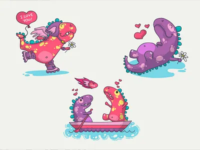 Dinosaurs in love character concept character design dinosaur graphic design illustration love outline sticker sticker set vector vector illustration