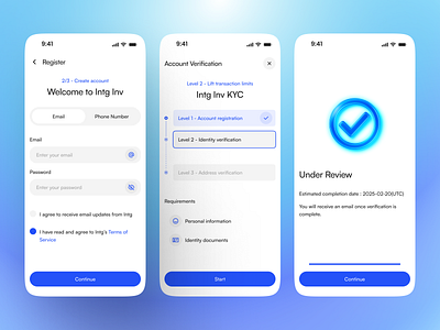 INTG Investment App: onboarding flows app design finance financial fintech graphic design kyc log in minimal design mobile app onboarding product design schematic screen sign up stepper ui ui design ux design