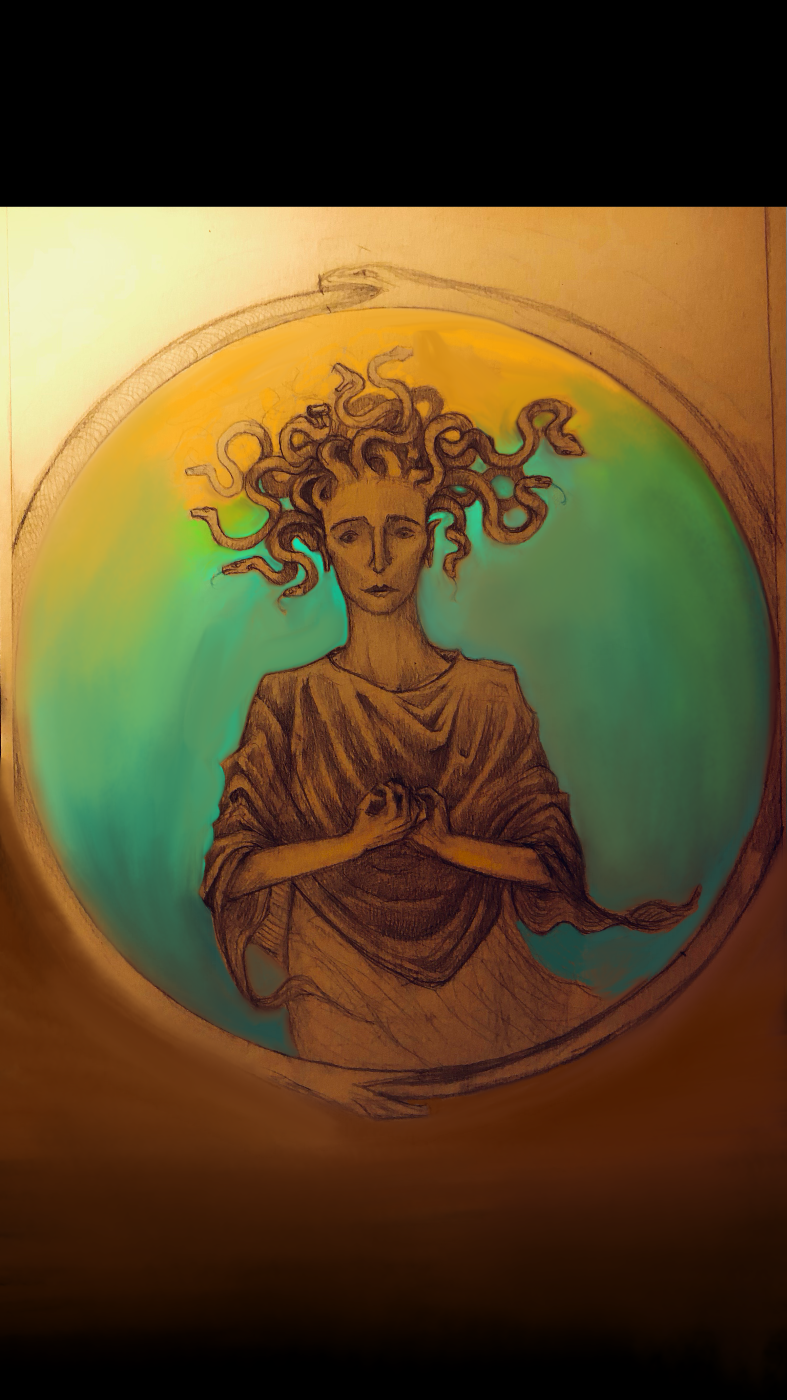 Graphite sketch and practice digital painting background. beginner digital painting practice graphite medusa mythology sketch on paper