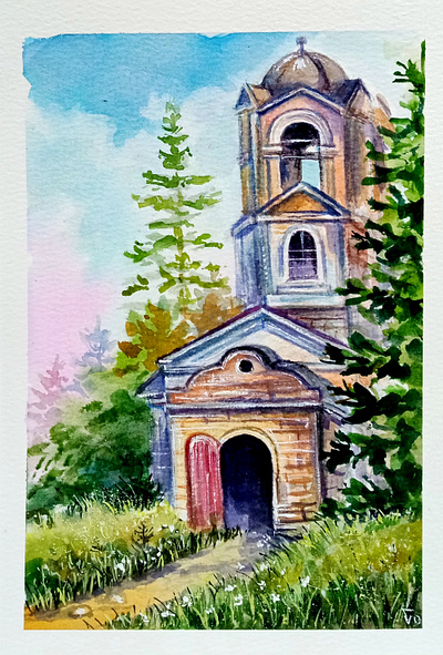 Original Watercolor Painting Old Church Architecture in Forest architecture art forest grass hand painted handmade house paint painting