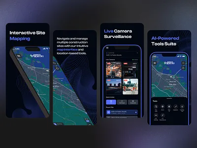 App Store Screenshot - JobSite Sentry Monitoring Application 2025 ai tool app design app store screenshot apple store camera dark feature featuregraphic live live feed map minimal mobile monitoring motion graphics surveillance ui uidesign