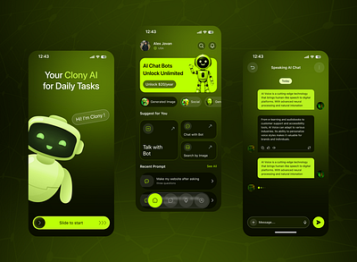 Clony AI – Voice & Face Cloning Experience ai ai mobile app aiapp appui artificialintelligence dark design facecloning interactiondesign mobileappdesign mobileui uidesign uiux uxdesign voicecloning