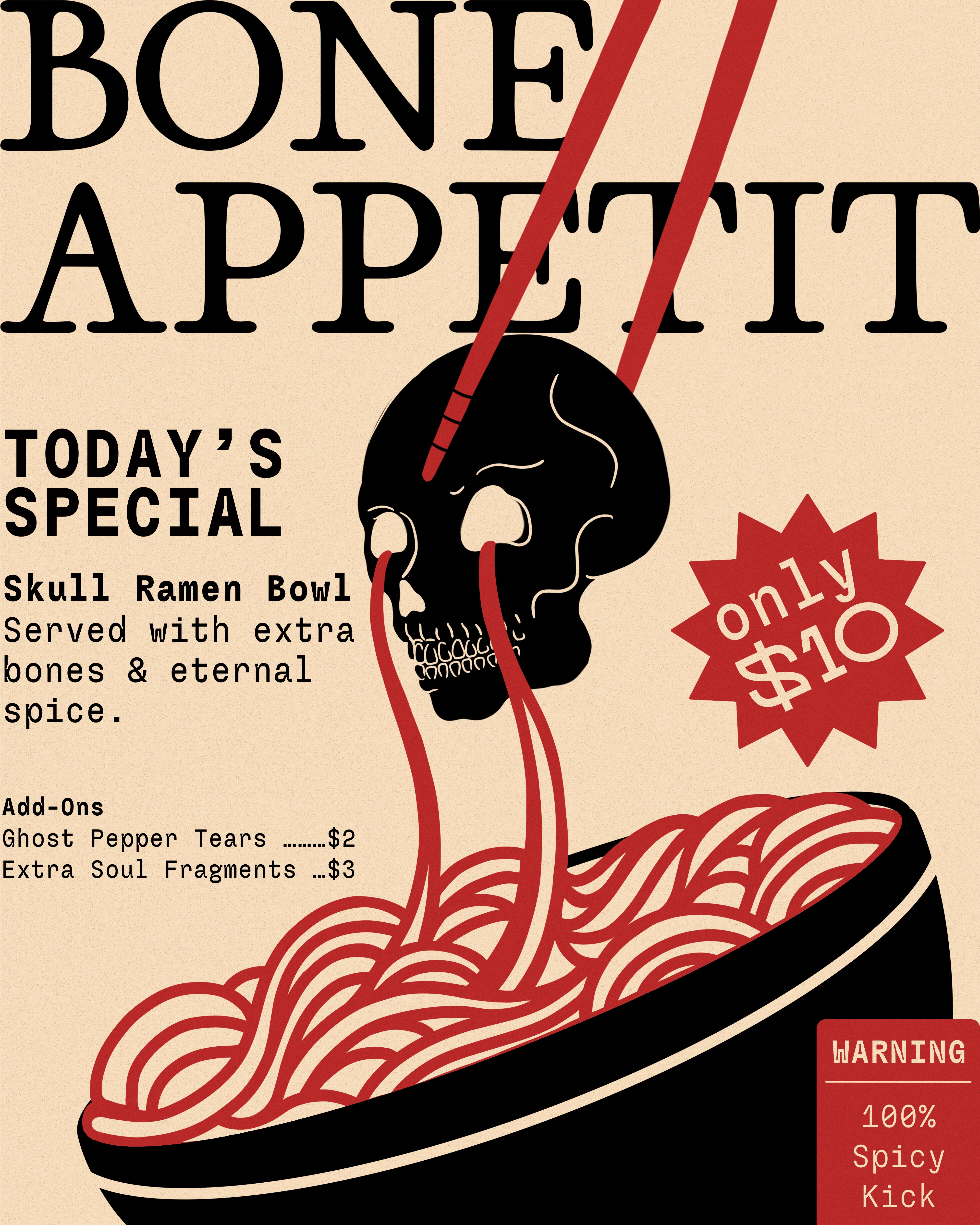 Bone Appetit asia food food poster french illustration japan manasuka noodle poster design ramen skeleton skull spicy