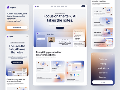 Layers - AI Notetaker Landing Page Exploration ai call discussion hero illustration landing landingpage meeting mobile modern notes responsive summary ui video website
