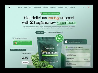 Superfood Ecommerce Landing Page d2c supplement ecomemrce energy booster green powder product page gut health health food website healthy living immunity boosting interactive wellness natural product nutrition brand nutritional organic supplements shopify store supplement web design website wellness ecommerce design