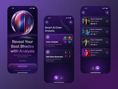 AI- Color Analysis Mobile App ai color analysis app redesign beauty tech clean design color analysis color design color palette fashion app design history page design i brain minimal ui mobile app mobile app design onboarding screens personal styling app smart color analysis stylish color uiux design