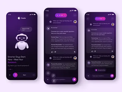 AI Chat Assistant App UI - Chattie ai ai chat app ai ui kit application chart chat app chat bot chatbot dark mood design futuristic ui gradient ui mobile app ui design uiux user interface ux design voice assistant ui