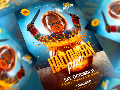 Killer Doll Halloween Design chukky creative creative flyer doll flyer templates graphic design halloween halloween flyers horror illustration party flyer photoshop poster poster design psd flyer spooky