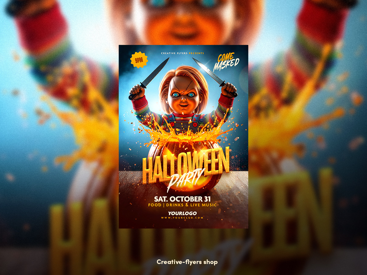 Killer Doll Halloween Design chukky creative creative flyer doll flyer templates graphic design halloween halloween flyers horror illustration party flyer photoshop poster poster design psd flyer spooky