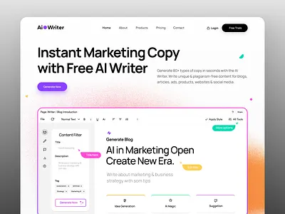AI Writer UI – Modern SaaS Landing Page for Content Automation ai blog generator ai content automation ai copywriting tool ai tools for writing ai writer ui blog rewriter content generator design copywriting saas digital product ui modern web design paraphrase tool product design saas landing page text rewriter ui design uiux design web design website writing assisant ui