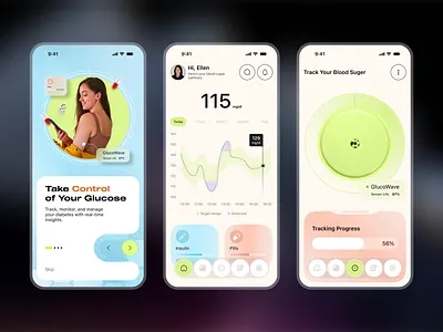 GlucoWave: AI-Powered Glucose Tracking app ai ai assistant app design application diabetes glucose healthcare healthcare app medical app medtech mobile app monitoring technology traker ui uiux ux