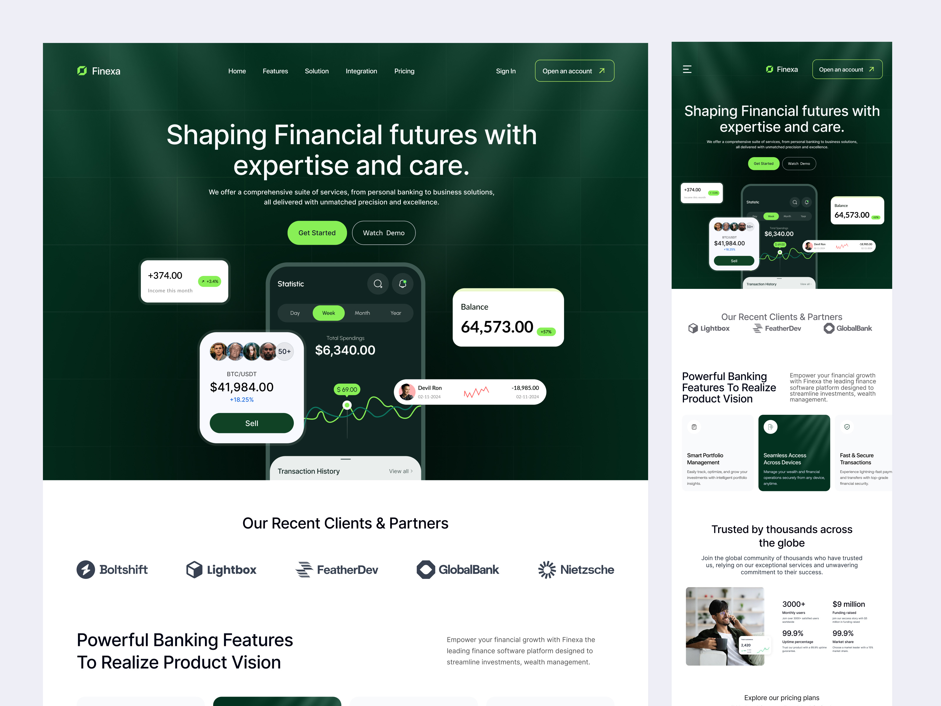 Finexa - Finance Landing Page Design bank bank landing page banking website clean ui crypto crypto website finance finance landing page finance website fintech fintech website landing page design saas saas landing page saas website ui deisgn ux design web design website design