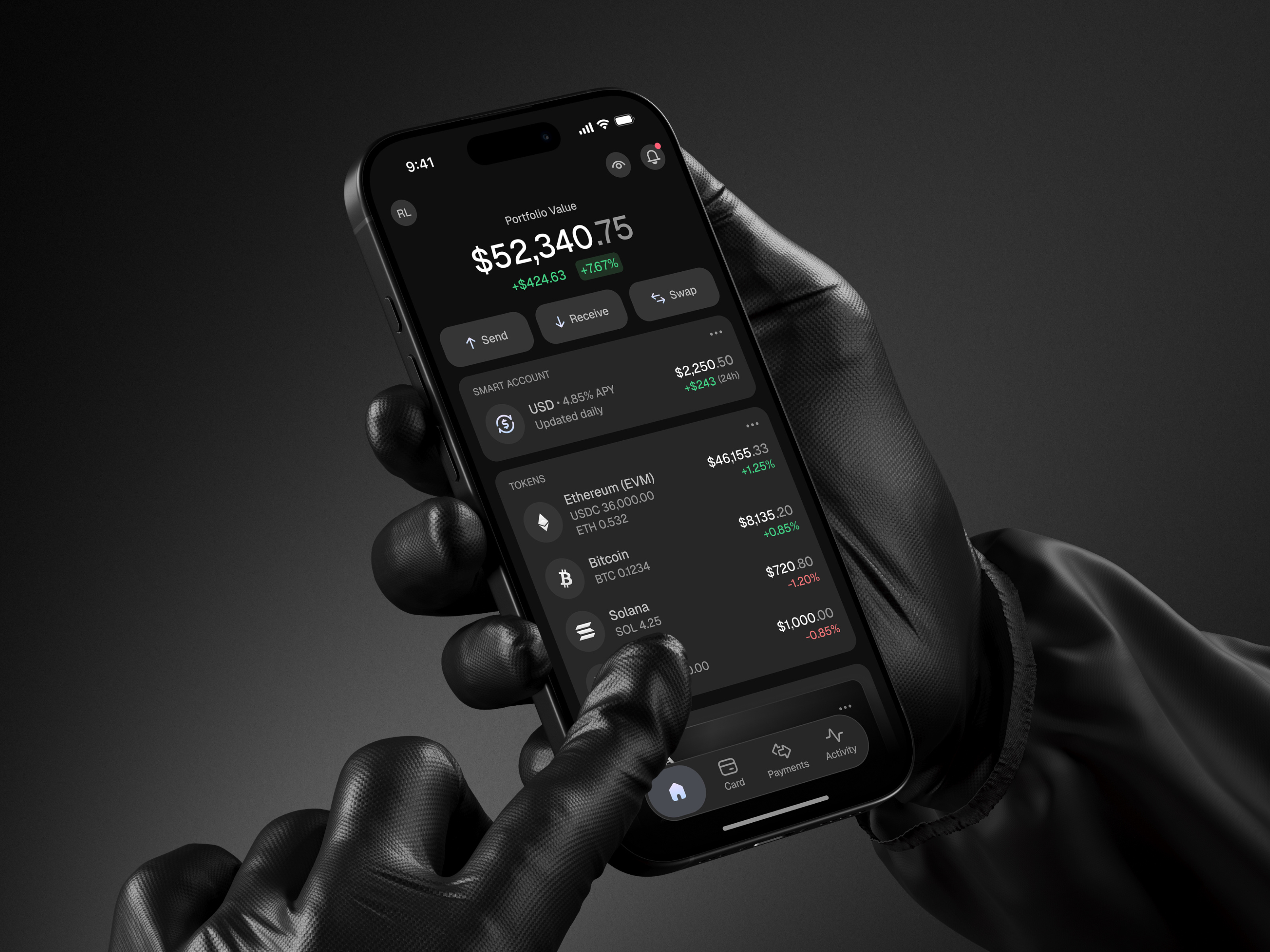 Finance App Dashboard – Non-Custodial Wallet Concept clean ui crypto app crypto wallet dark mode ui dark ui dashboard design debit card finance app finance dashboard fintech app home screen minimal design mobile app design mobile ui non custodial product design tokens ui design ux design wallet app