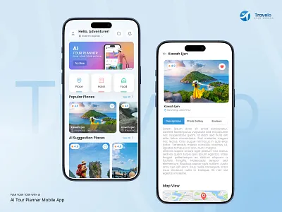 Travello - AI Tour Planner Mobile App ai app ai tour planner ai tousim app ai travel app best travel app clean dribble best shot global app design minimal app design mobile app design modern tour planner netro tour planner travel app design travel booking travel tech trending app design uiux