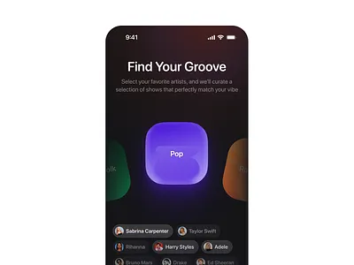 Events App - Preference Selection Onboarding app branding card concert dark events gamification glow gradient mobile app morva morva labs music onboarding product design quiz saas selection ui ui ux
