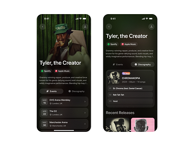 Events App - Artist Profile app artist branding concert dark ddd detail discography events gradient list mobile app morva morva labs music product design progressive blur saas ui ui ux