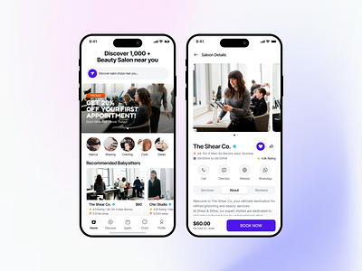 Beauty & Salon App app beauty services booking clean ui design grooming app hair minimal design mobile ui salon ui ui ux
