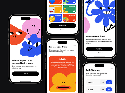Brainy Go — Discover Your Potential 💪 app appdesign braintraining dailyui darkmode design designinspiration digitaldesign flatillustration focusapp learningapp lightmode minimalillustration mobile onboarding playfuldesign ui uidesign ux uxdesign