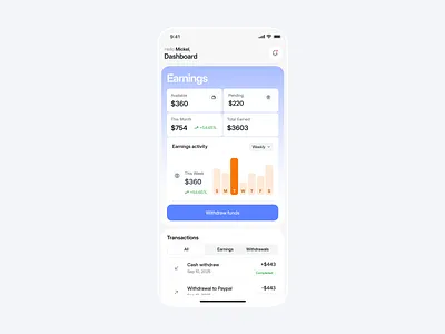 Earnings Dashboard app UI design app card ui design interface product service startup ui ux web