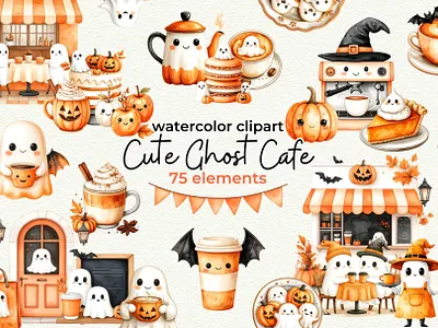 Cute Ghost Cafe adorable autumn branding cafe childish clipart coffee coffee shop cozy cute fall ghost ghosts halloween illustrations kawaii kawaii halloween kids orange patterns