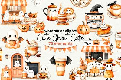 Cute Ghost Cafe adorable autumn branding cafe childish clipart coffee coffee shop cozy cute fall ghost ghosts halloween illustrations kawaii kawaii halloween kids orange patterns
