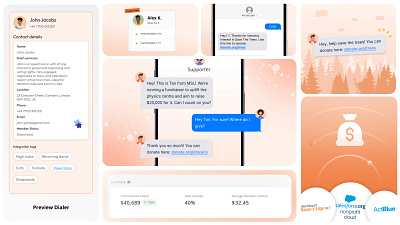 Fundraising Bento Grid for Smarter Donor Outreach bento bento box bento design brand design branding donor fundraising gradient graphic design intergrations nonprofit orange product features texting ui visual design