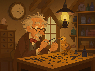 The Woodcarver adobeillustrator atmosphere bird book character colors cover illustration illustrator magic oldman tool vector wood