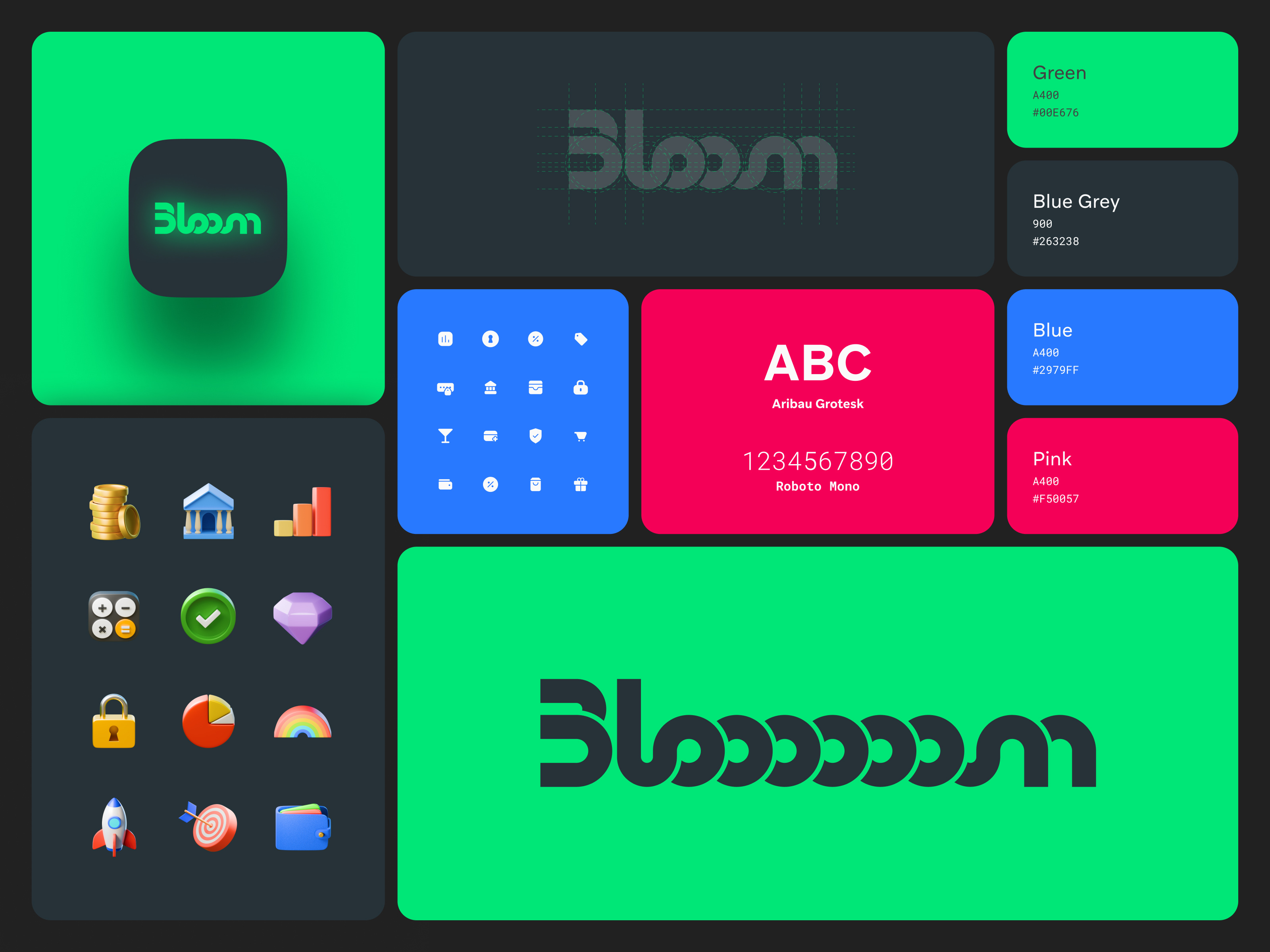 Bloom - Branding overview 3d app app icon colors design icon icons illustration logo minimal typography
