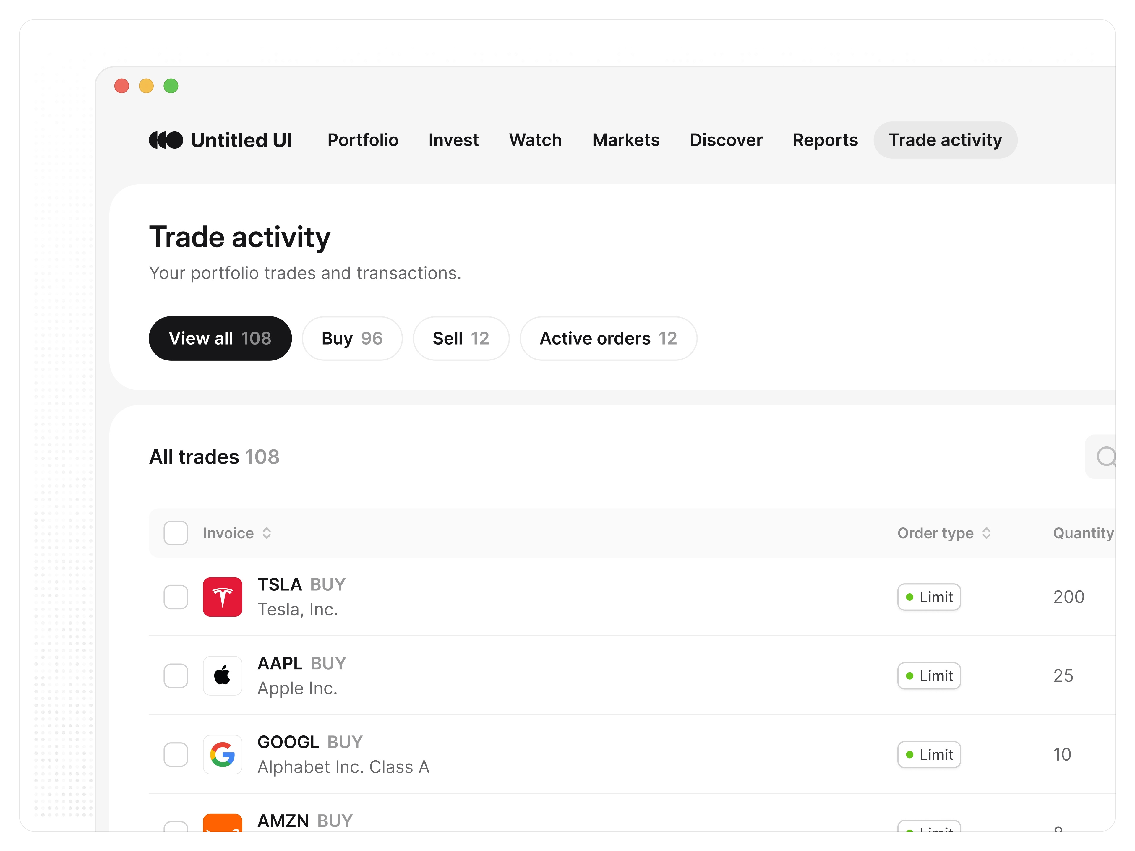 Trade activity — Untitled UI by Jordan Hughes® on Dribbble